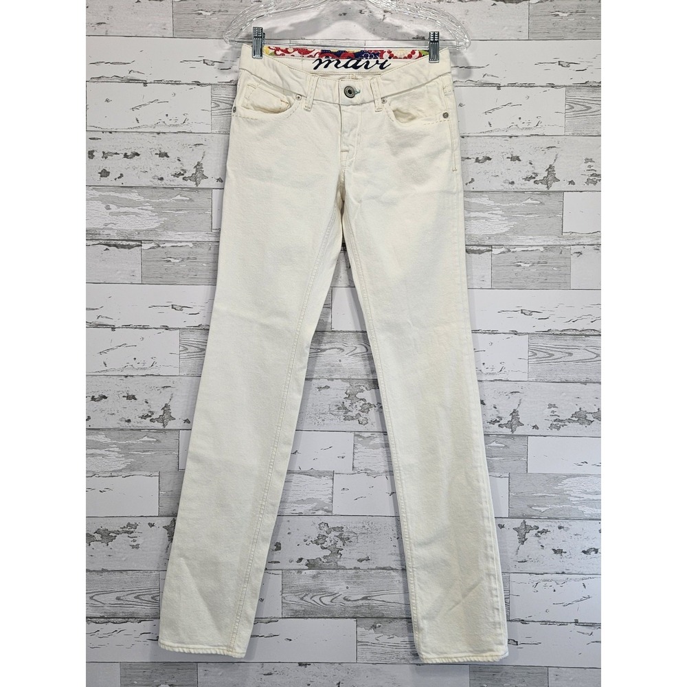 Mavi Lindy Womens Off White Straight Leg Jeans Embroidered Size 27/34 Low Rise